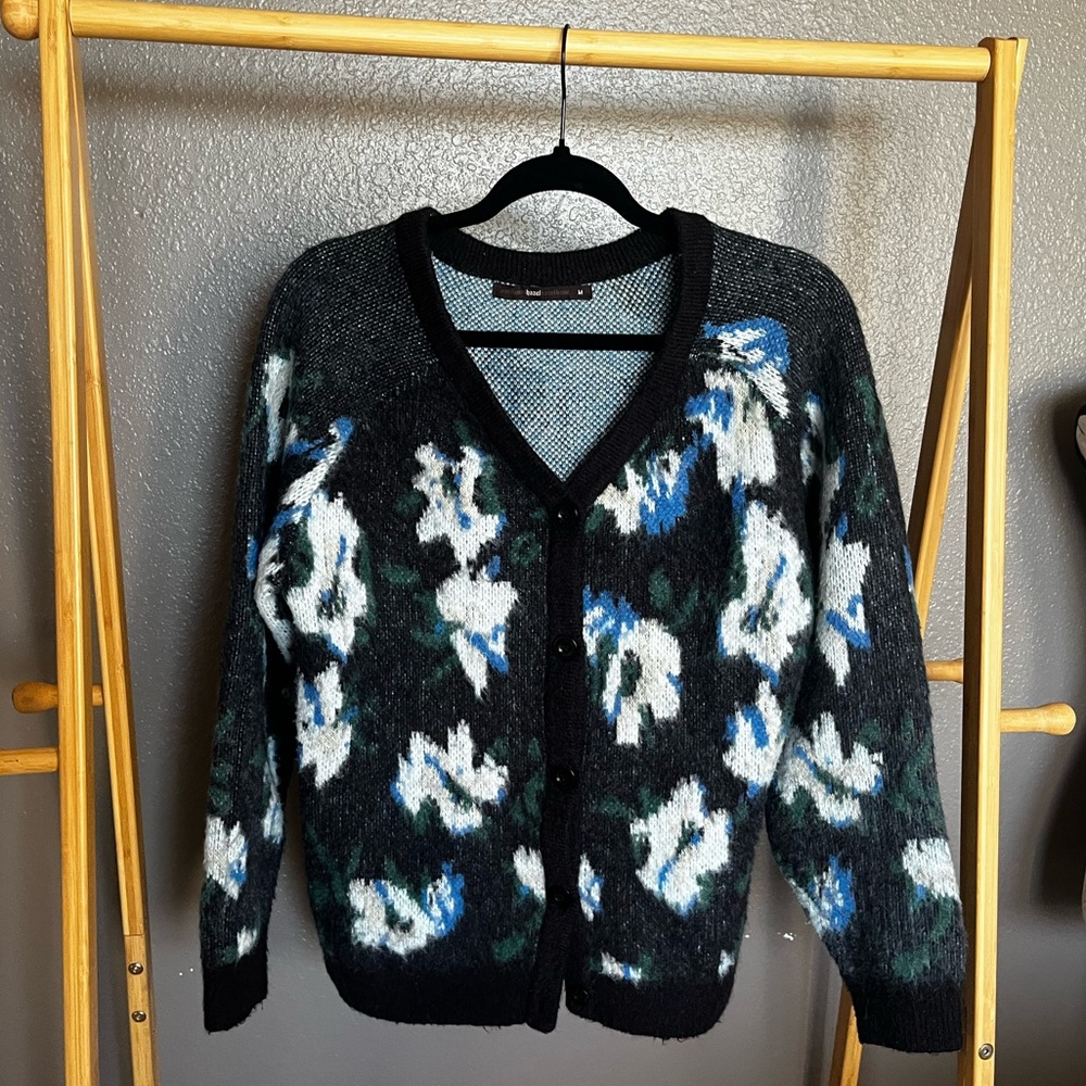 hazel Black Floral V-Neck Cardigan with Blue and White Accents